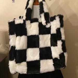 Faux fur buffalo check black white handbag tote